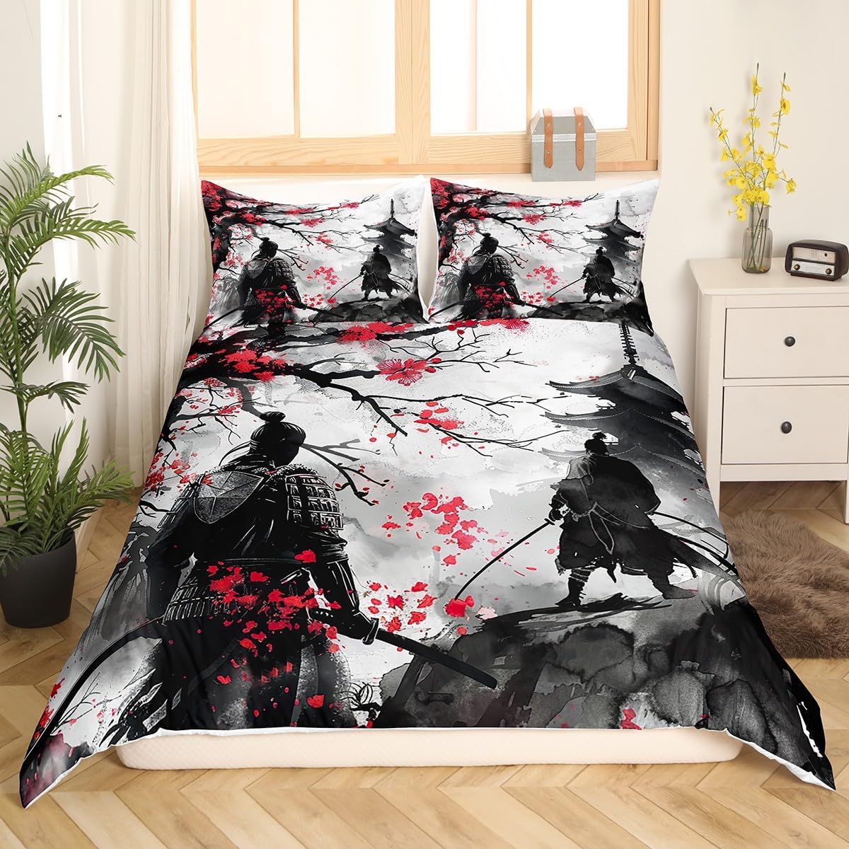 Feelyou Japanese Samurai Bedding Set Full Size for Kids - Ukiyoe Comforter Cover Set With Cherry Blossoms - Duvet Cover for Boys Girls Teens Home Decor (No Comforter)