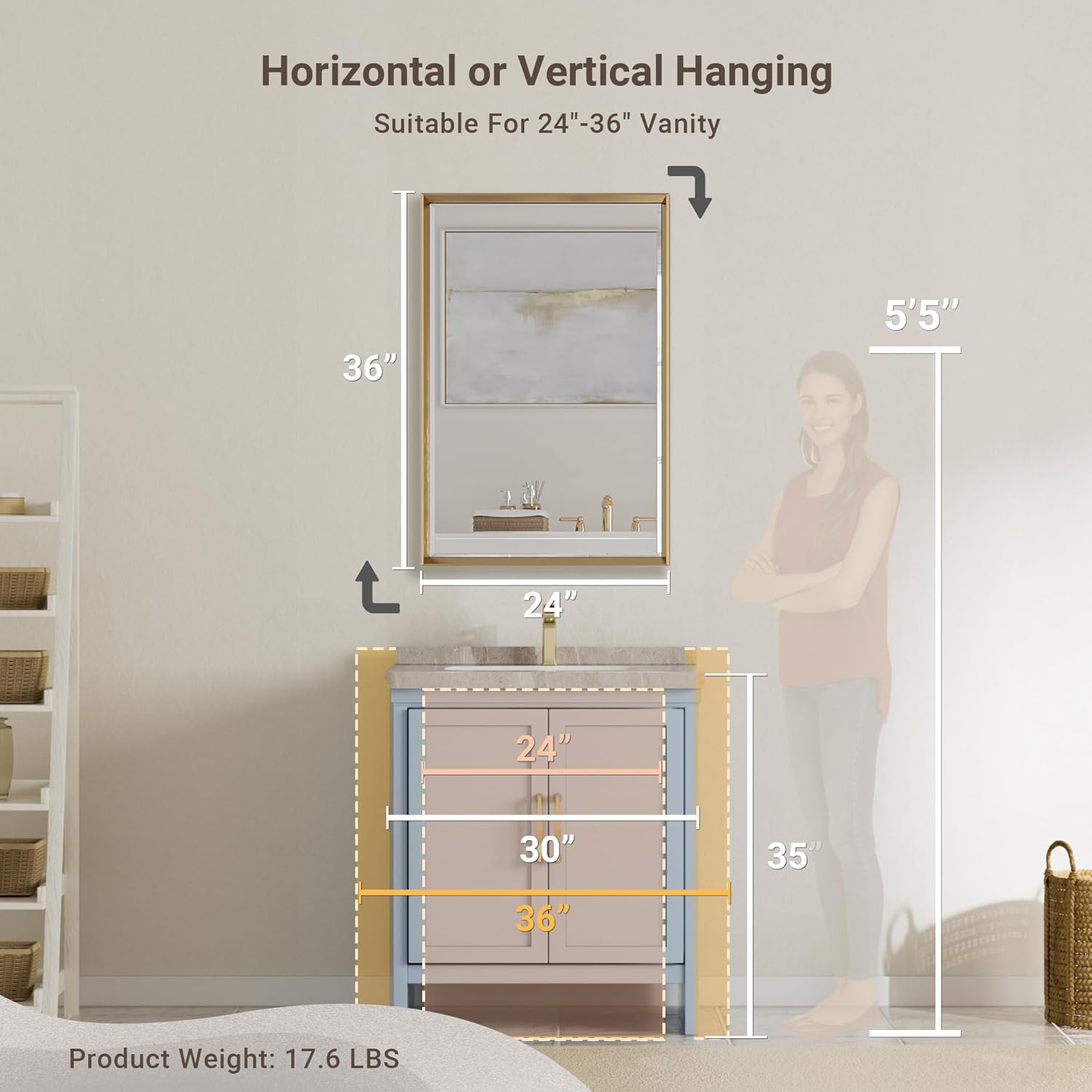 Gold Bathroom Mirror, 24x36 Brushed Gold Bathroom Mirror Beveled Edge, Gold Framed Rectangle Bathroom Vanity Mirror, Anti-Rust Brushed Brass Metal Frame Wall Mirror Vertical/Horizontal - Image 2