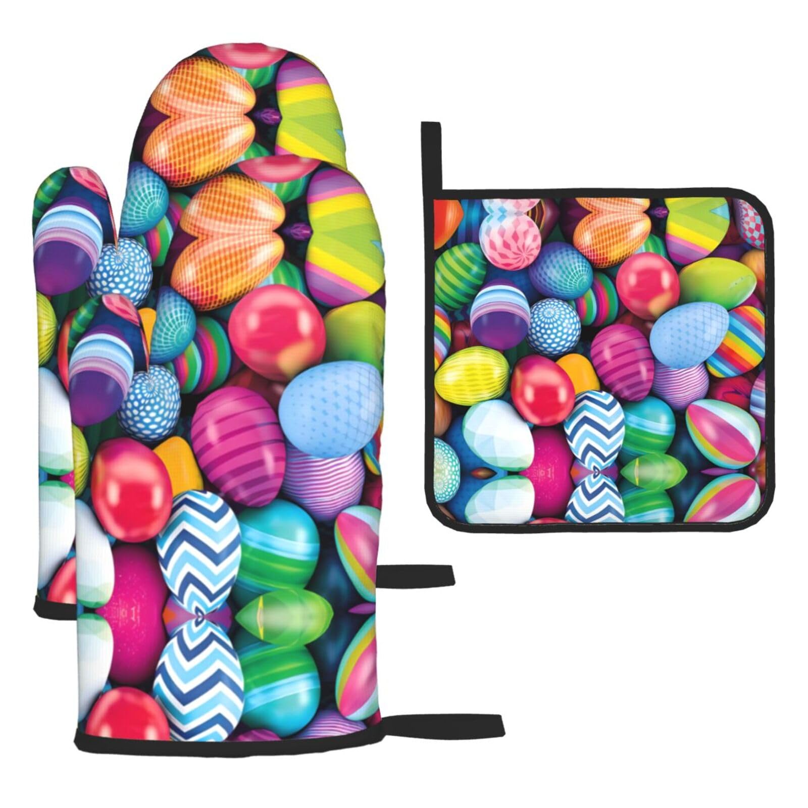 Easter Eggs Printed Kitchen Oven Mitt Set 3-Piece Heat Resistant Gloves with Pot Holder Mat for Cooking Baking BBQ