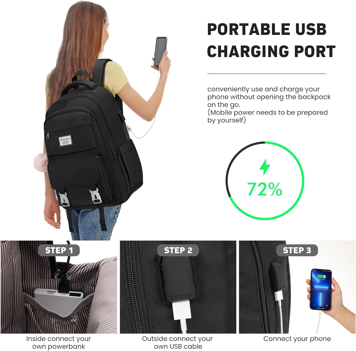 KROSIAS School Backpack for Girls Teens, Cute Aesthetic College Backpacks Large 15.6 Inch Laptop Bag Preppy Bookbag for Women Students Travel (Black)