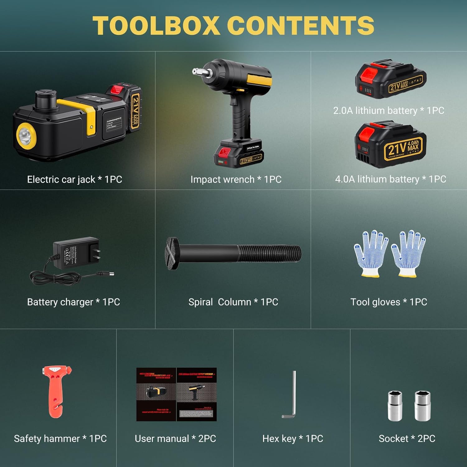Powerful Electric car Jack and Stand kit - Cordless Hydraulic car Jack Lift with LCD Touch Screen, Lithium Battery & Portable Impact Wrench for Effortless Vehicle Emergencies