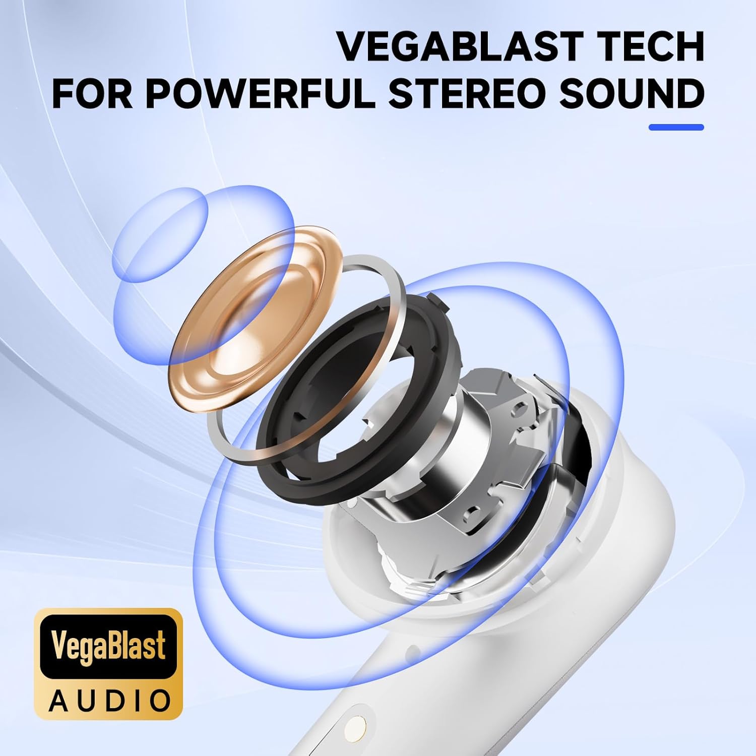 Diagram illustrating VegaBlast Tech audio components within an earbud.