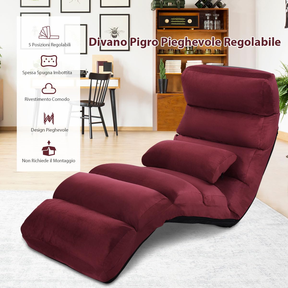 RELAX4LIFE Sedia Pieghevole da Pavimento con Schienale Regolabile, da Terra Imbottita, con Cuscino Morbido, Struttura Resistente, Ideale per Gioco e Lettura (ROSSO)
