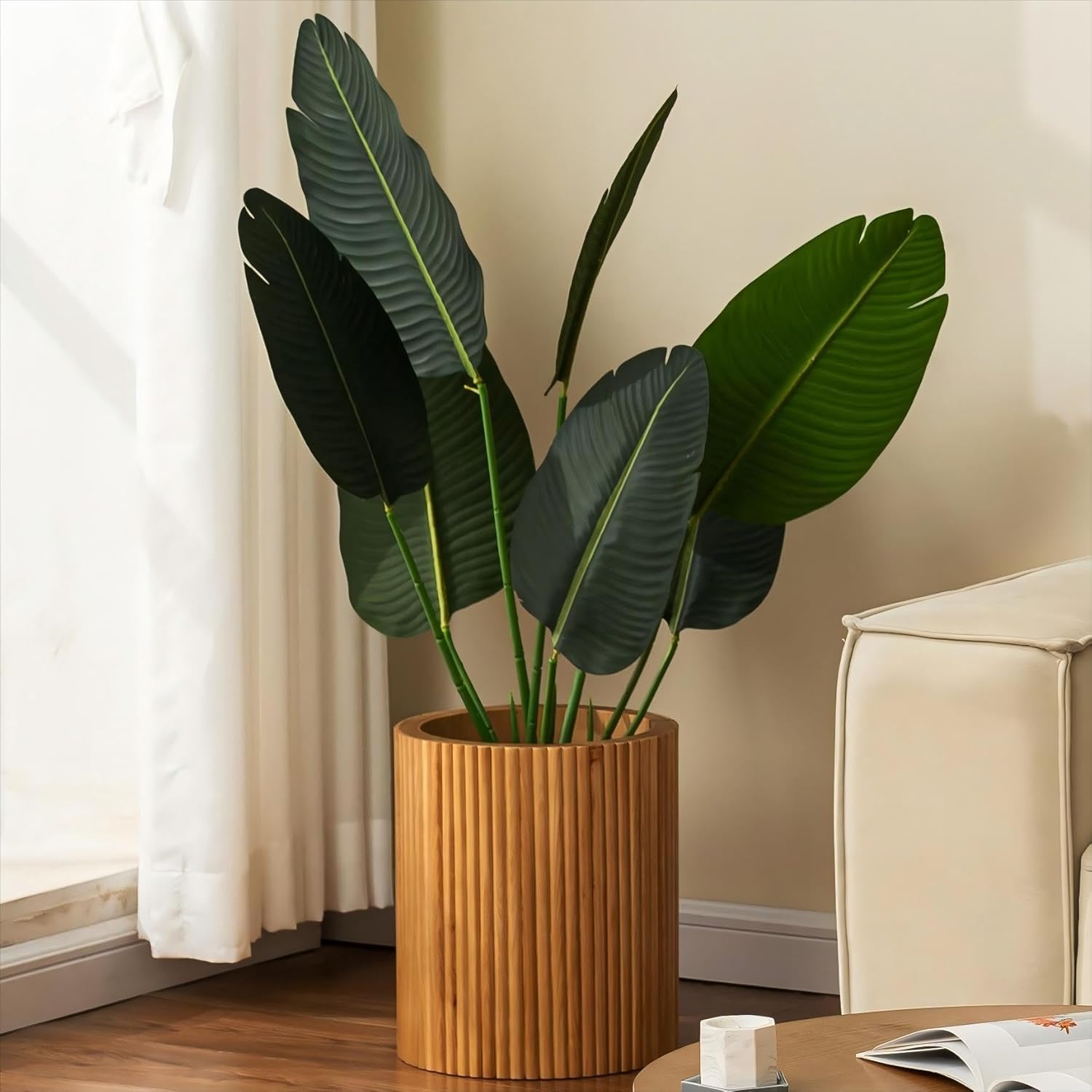 13.8" Tall Solid Wood Floor Vase for Living Room Decor – Handcrafted Rustic Wooden Vase with Natural Wood Strips, Farmhouse Boho Home Decor for Bedroom, Office, Dining Table Centerpiece