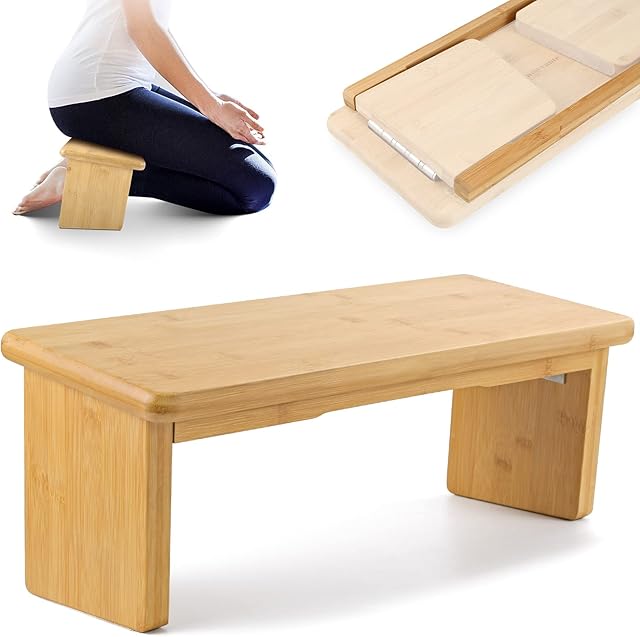 Nnewvante Meditation Bench Kneeling Stool with Foldable Legs Hinges Seiza Yoga Benches Ergonomic Bamboo Wooden Chair Folding Prayer Seat for Deeper Meditation