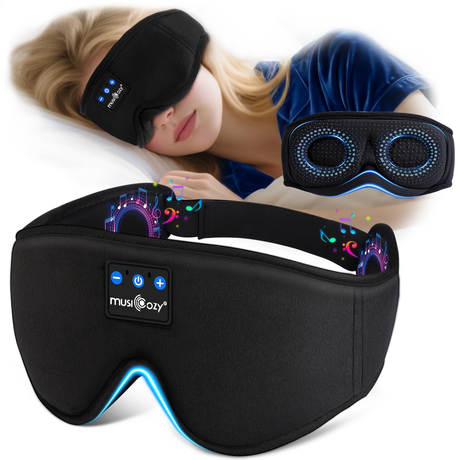 MUSICOZY Bluetooth Schlafmaske mit Kopfhörer,Bequeme 3D Schlafmaske für Seitenschläfer,100% Verdunkelung & kein Augendruck, weich&atmungsaktiv,ideal für Schlafen,Reisen,Flugzeug & Insomnia, 14h Akku