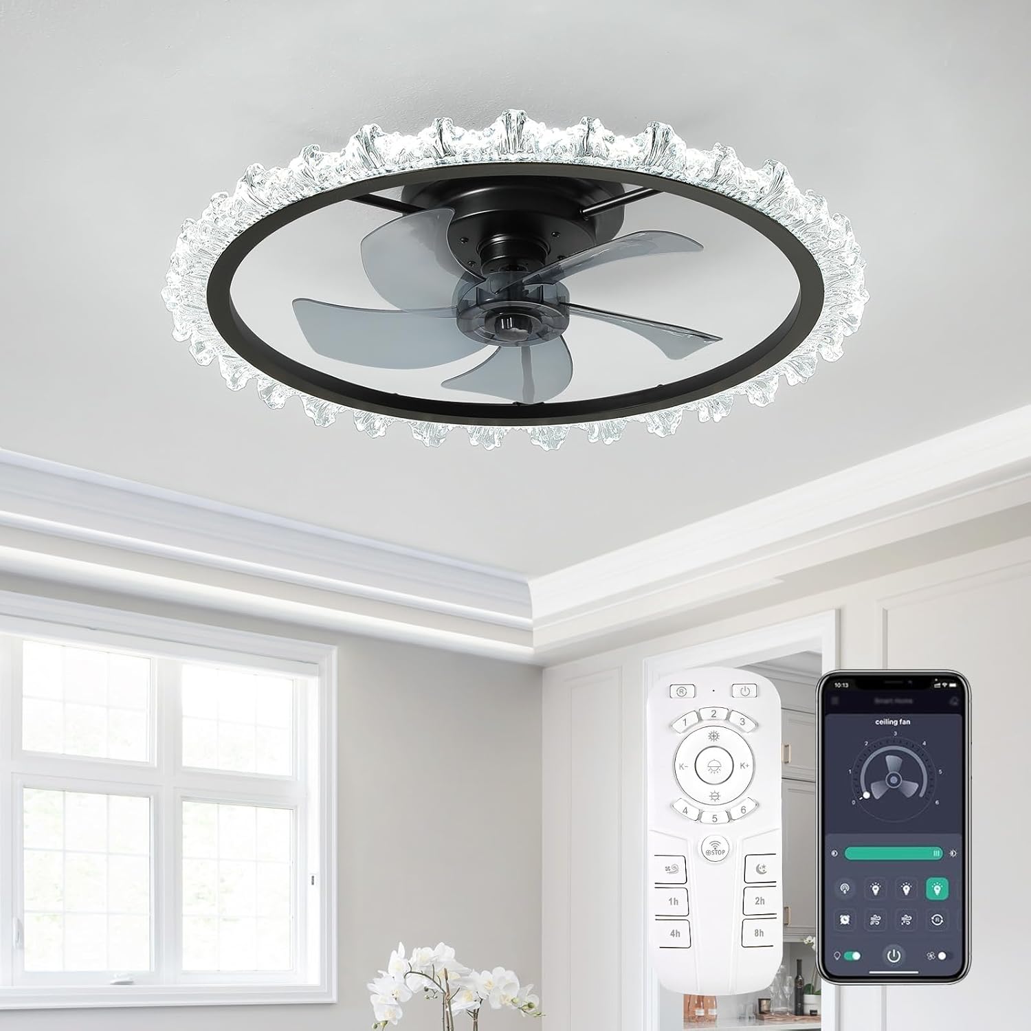 Ceiling Fans with Lights, 24 Inch Ceiling Fan with Light and Remote, Low Profile, Reversible, Dimmable LED, Flush Mount, DC Motor, Fandelier Black Ceiling Fan for Bedroom, Kitchen, Office Black 24 inch