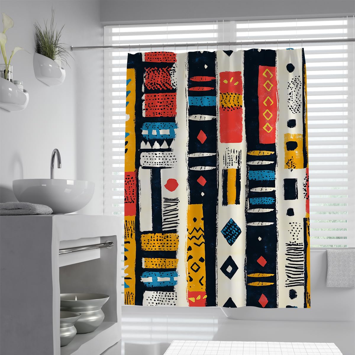 UERWOWELL Tribal Geometric Stripe Shower Curtain Mode Boho Shower Curtain Colorful Abstract Art Bathroom Decoration Waterproof Polyester Fabric W90xL180 cm