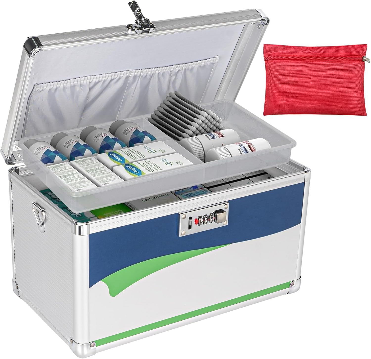 Medication Lock Box, 11.2x7.6x7.6 Inch Aluminum Alloy Medication Safe, First Aid Box with Detachable Tray & Travel Pouch, Childproof & Privacy Medicine Box for Home, Travel, Dorm (Blue)