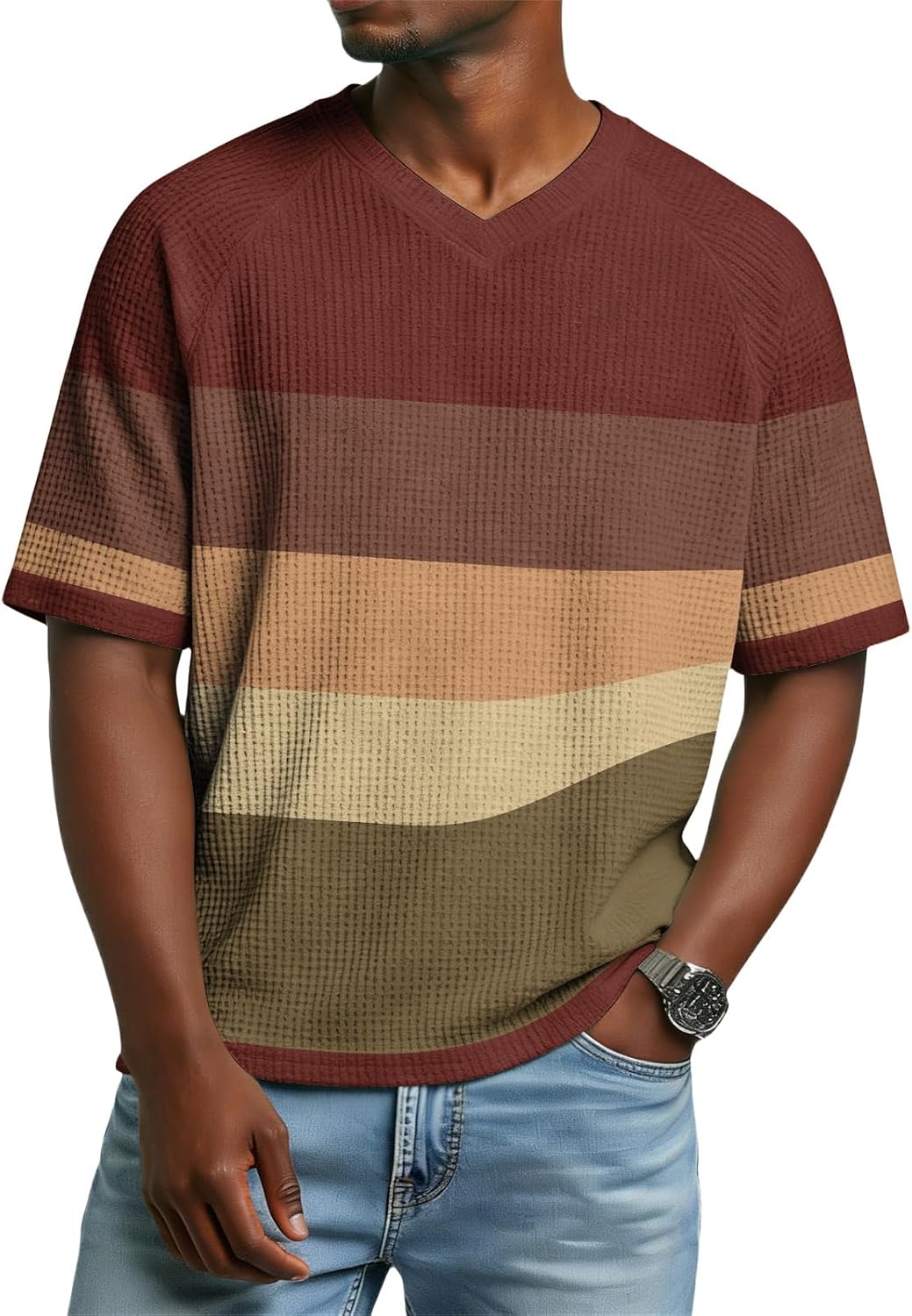 WENKOMG1 Men's Striped T Shirts Short Sleeve V Neck Summer Casual Basic Daily Beach Vacation Tee Top, S-5XL