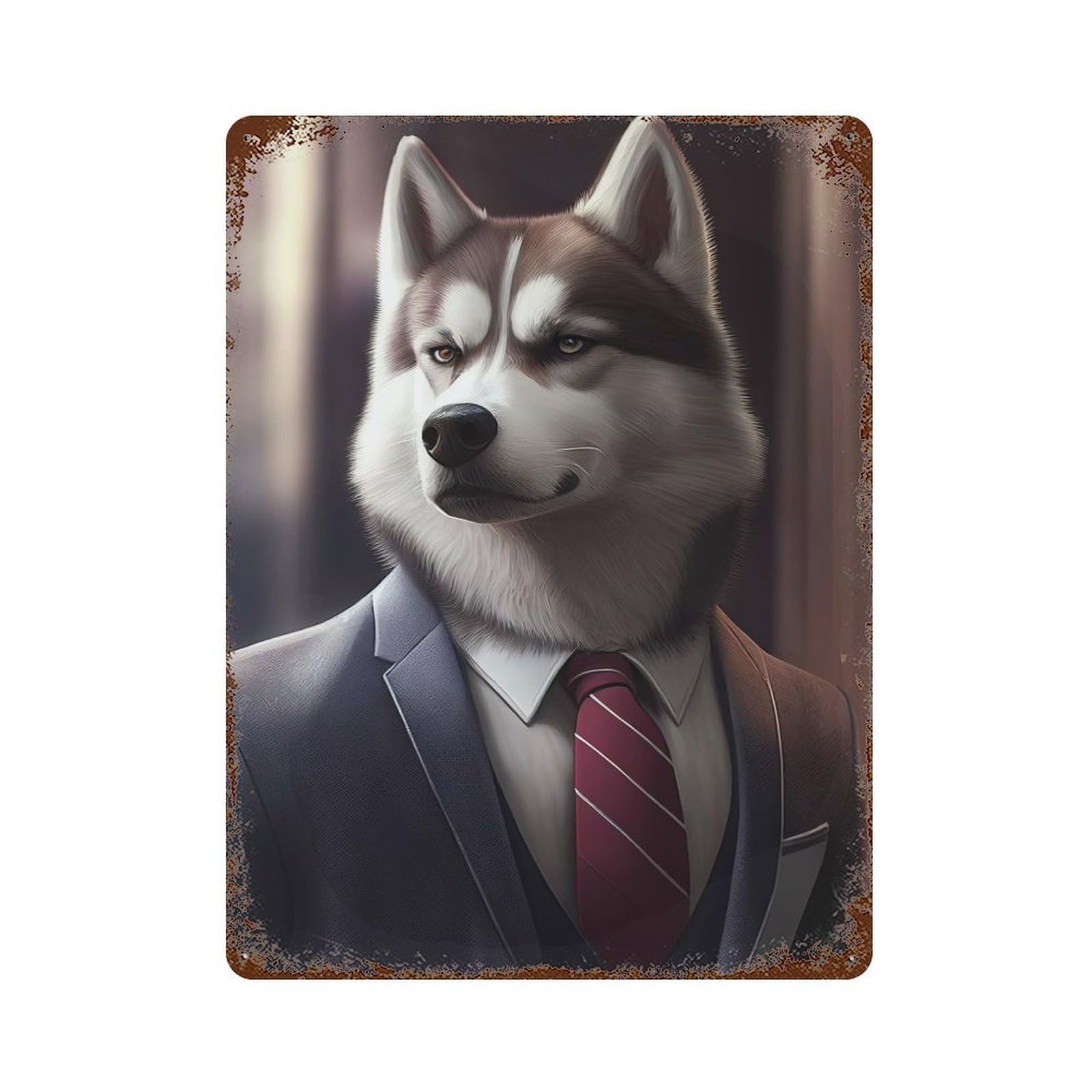 Decorative Tin Sign with Husky Dog Suit Animal Design 15.7"x11.8", for Garage, Bar And Workshop Decor, Farmhouse Wall Decor