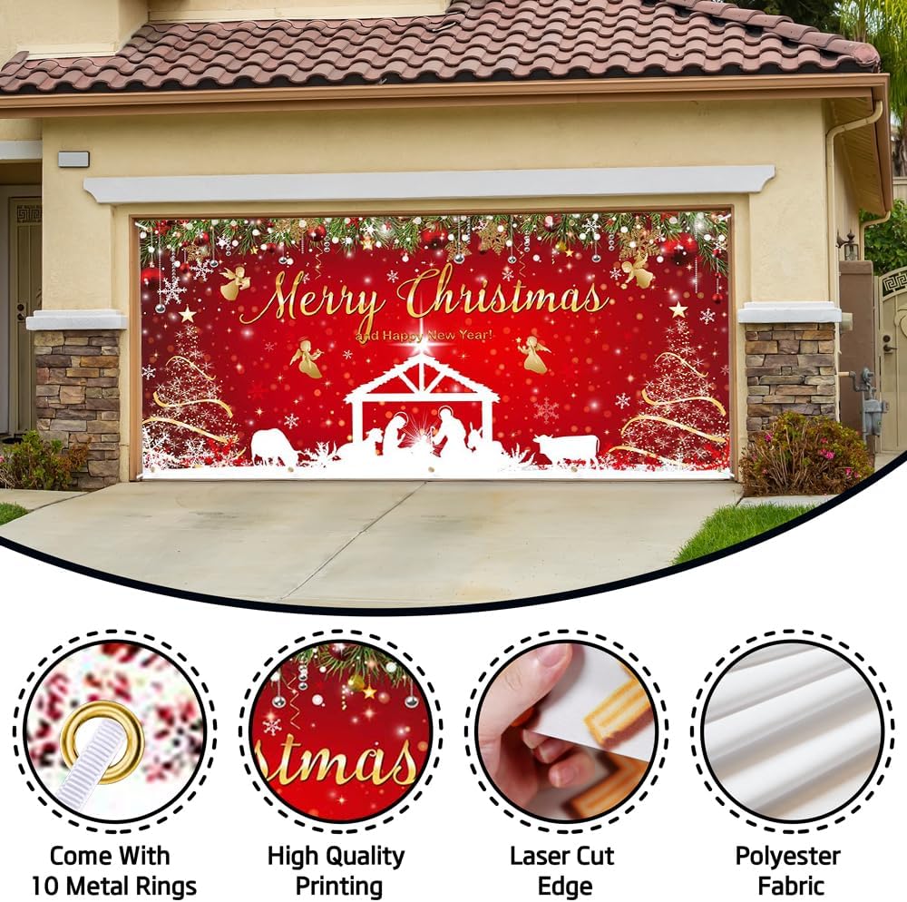 Christmas Garage Door Cover - Nativity Scene Large Outdoor Holiday Decoration Double Car Garage Door Banner - Festive Merry Christmas Happy New Year Decor 7x16ft