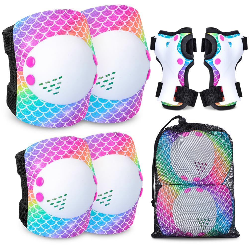 Knieschoner Kinder, Mädchen Kinder Schutzausrüstung Set Verstellbare Knieschützer, Passend für Schützer Inliner, Rollschuhe, Fahrrad, Roller (Regenbogen-Fischschuppe)