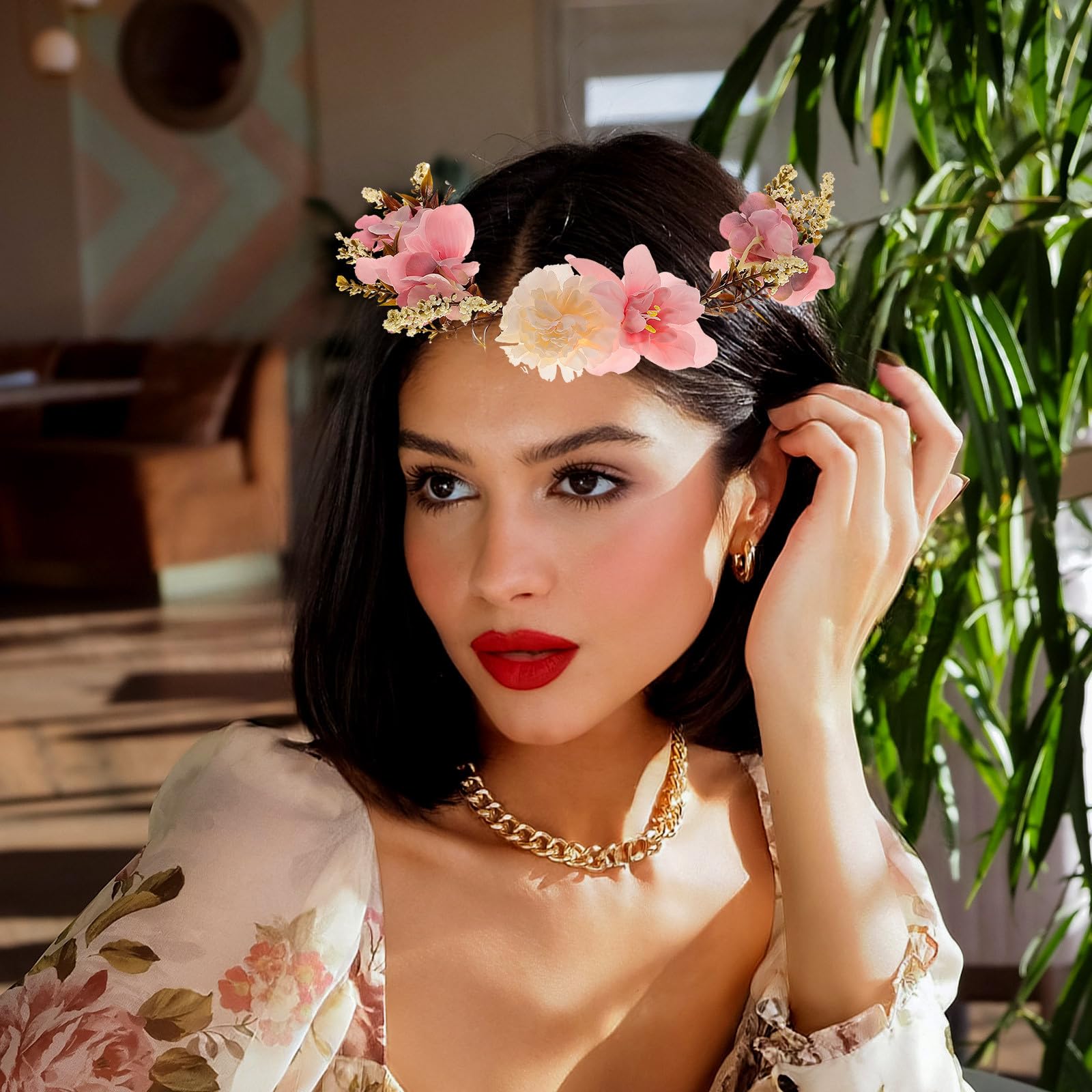 Bandeau à Fleurs Délicat et Guirlande de Fleurs en Tissu, Accessoire Cheveux Fixe la Tête, pour Séance Photo et Vacances la Plage