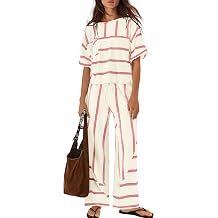 Nirovien Womens Striped Lounge Set 2 Piece Vacation Sets Short Sleeve Tops and Wide Leg Pants Travel Sets with Pockets