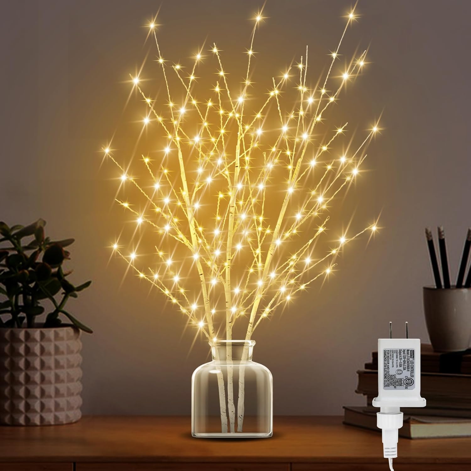 Lighted Birch Branches Plug in with Timer 33IN 180 LED Lights, Twinkling Light Up Birch Tree, DIY Flexible Branches for Christmas Fireplace Room Vase Decoration,Bedroom, Wedding, Party(Vase Excluded)
