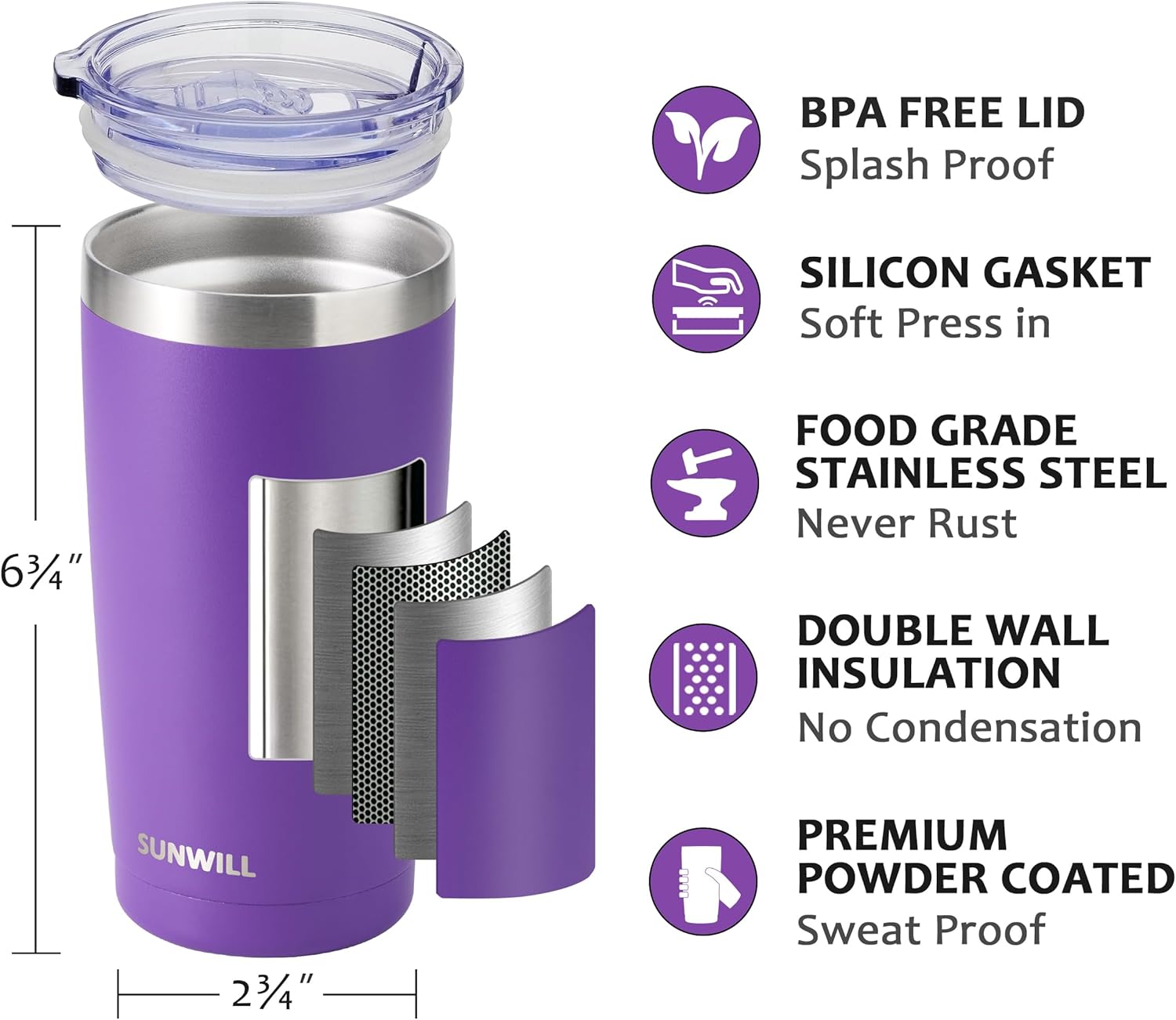 SUNWILL Travel Coffee Tumbler 20 oz, Insulated Mug with Lid, Stainless Steel Cup for Hot and Cold Drinks, Powder Coated Purple - Image 2