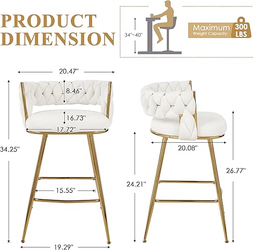 Miniatura 2 de VECELO Juego de 4 taburetes de bar, taburetes de bar de altura de mostrador, taburetes de bar de 26 pulgadas con respaldo tejido y reposapiés para
