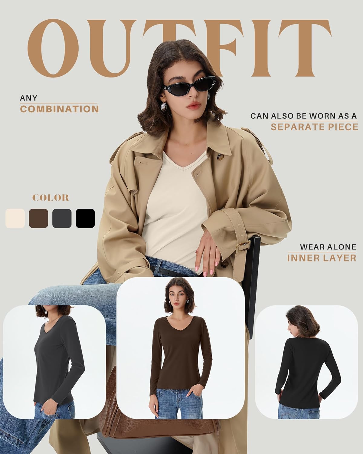 4 Pack Women's Long Sleeve Thermal Shirts Fleece Lined V Neck Slim Fit Underwear Base Layer Basic Winter Warm Tops - Image 6