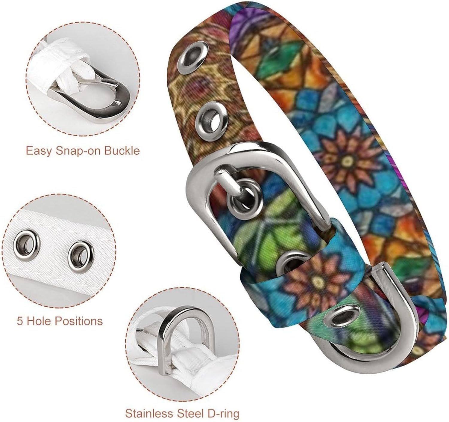 Adjustable & Breathable Pet Collar, Soft Fabric with Secure Metal Buckle, Colorful Bohemian Mandala Flower Boho Floral, Perfect for Small/Medium Dogs Outdoor Fun