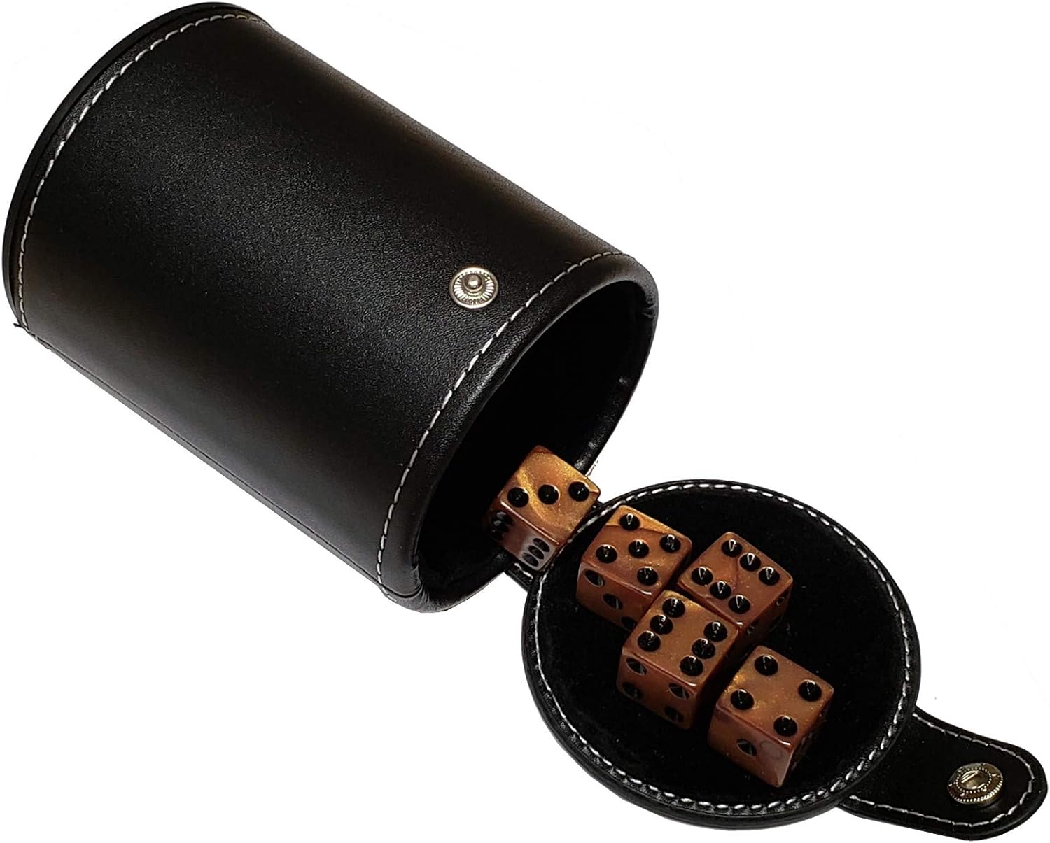 Set of 16mm Pearlized Olympic Dice and Black PU Leather, Velvet Lined Dice Cup with Storage Compartment (Gift Boxed) (Bronze Dice, Black Lining Cup)