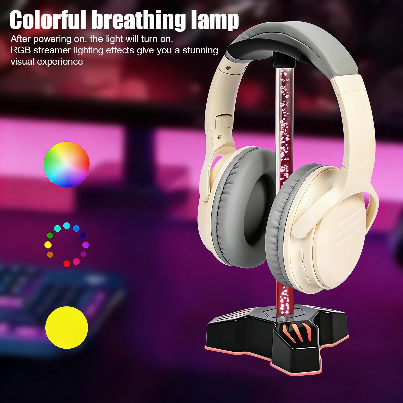 Supporto per Cuffie con Porte di Ricarica per PC con Illuminazione RGB | Porta Cuffie dotato di Caricabatterie per Desktop, Scrivania, Piano di Lavoro, Scaffale, Ufficio, Camera da