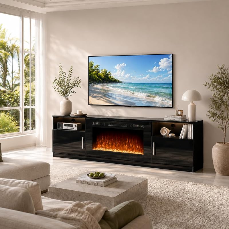 70" Fireplace TV Stand for TVs Up to 80",Entertainment Center with 36” Electric Fireplace and 12 Colors LED Lights,Large TV Console with Storage Cabinet for Living Room,All Black image 2