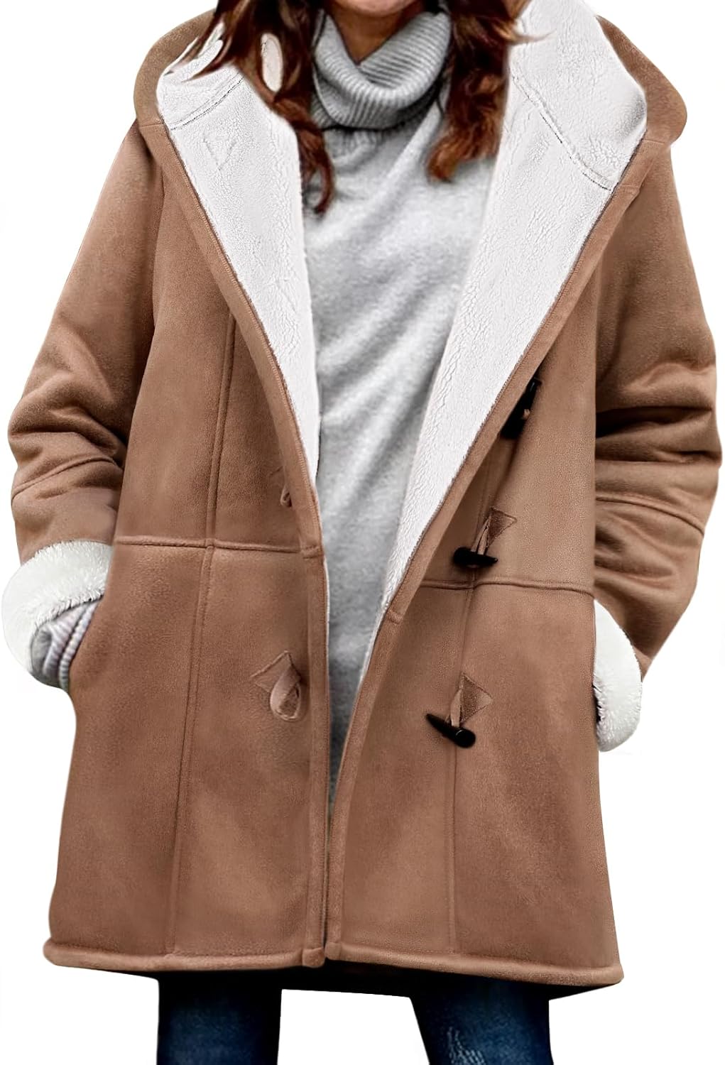 Yuson Girl Sherpa Fleece Jackets Winter Hoodies For Women Hooded Thicken Overcoat Parka Faux Suede Long Pea Coat Outerwear