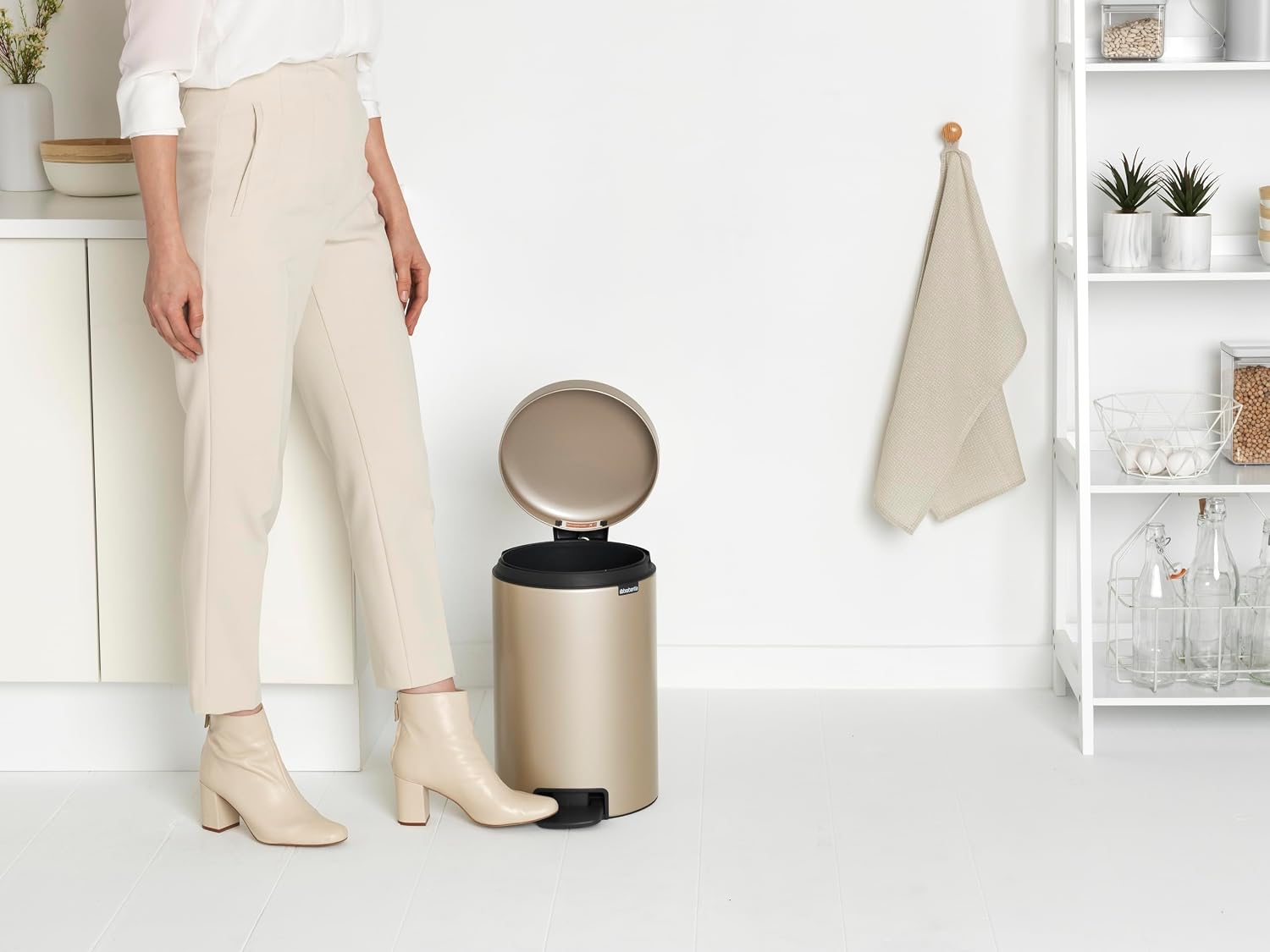 Brabantia Step-On Small Trash Can | Metallic Gold | 3.2 Gallon / 12L | Bathroom, Bedroom, Office Trash Can, Light Pedal Opening, Handle & Removable Inner Bucket | 9.9 x 13.3 x 16.2 | + Trash Bags