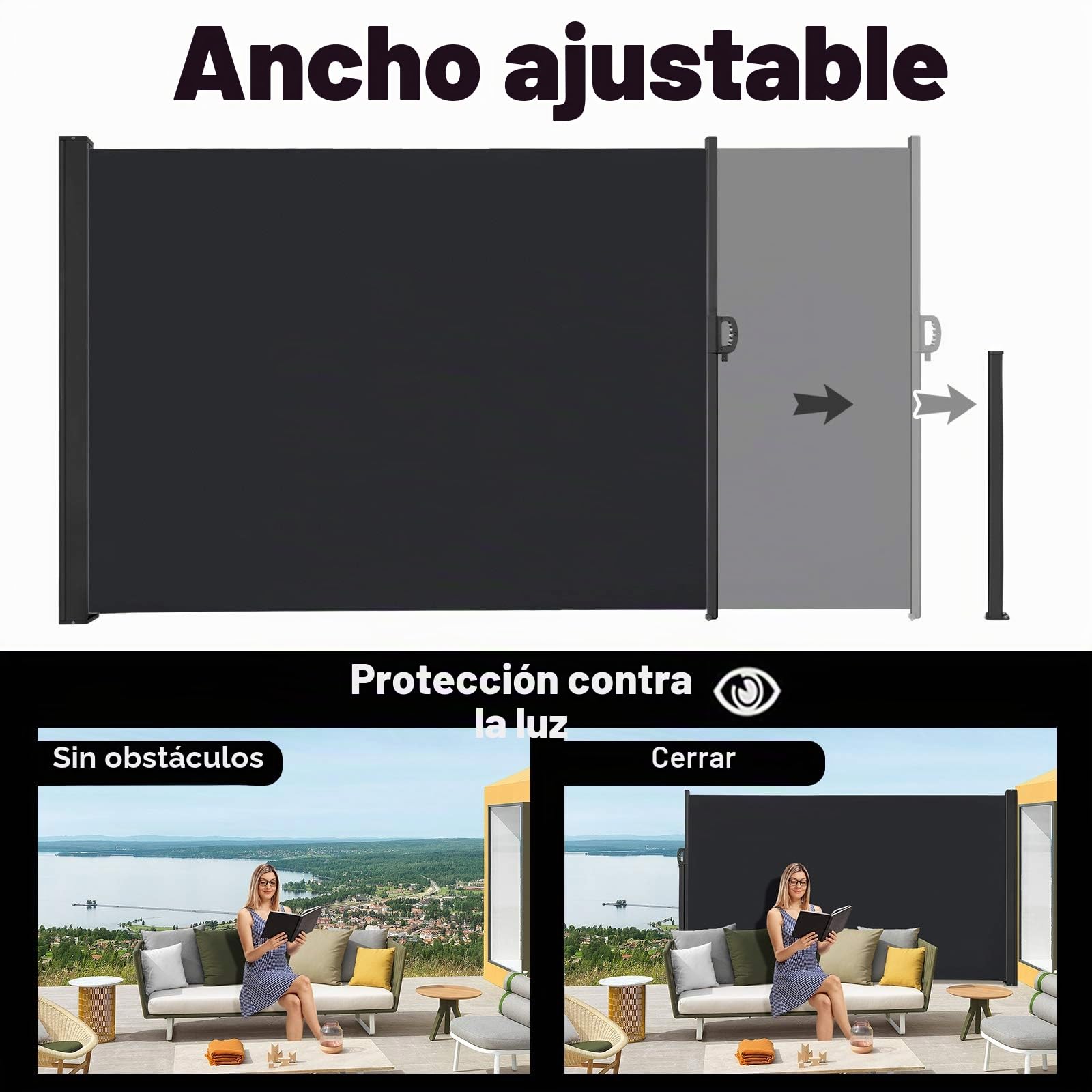 Froadp 180x600cm Toldos de Exterior para Patio Carpas Mampara de Poliéster Resistente Biombos Lateral Retráctil para Balcón y Terrazas Verticales Pergolas Protege la Privacidad y Solar (Antracita)