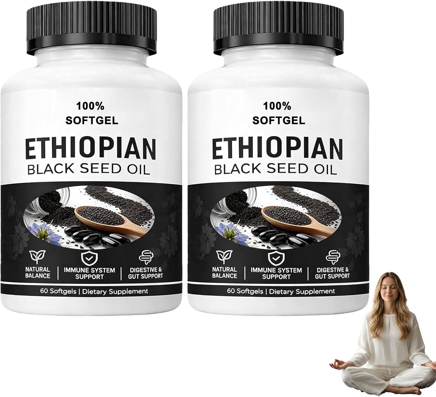 2026 Ethiopian Black Seed Oil Capsules, Organic Cold Pressed, Non-GMO, Gluten-Free, Premium Black Cumin Seed Oil with Thymoquinone, 60 Softgels (2 Bottle)