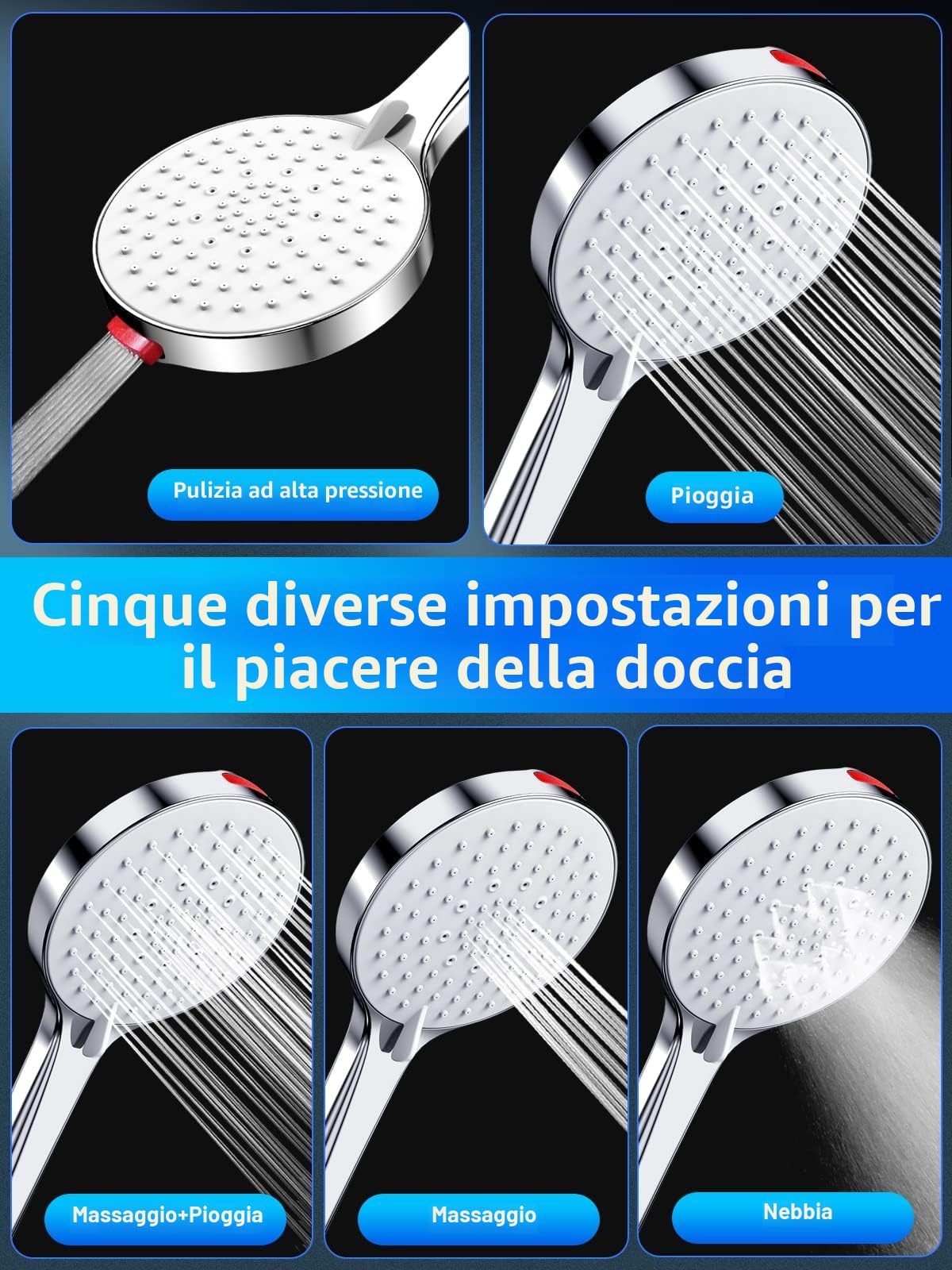 Soffione Doccia Anticalcare Alta Pressione Doccia - SREWOHS Risparmio idrico doccia soffione 5 funzioni getto con potente modalità getto per pulire piastrelle, bagno,Universale+ABS 9l/min Cromato