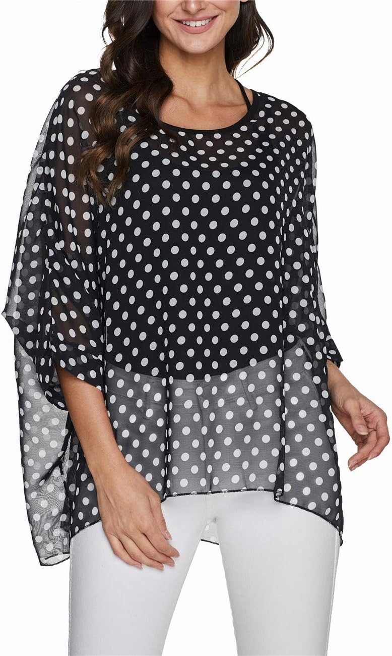 Womens Summer Printed Batwing Sleeve Top Chiffon Poncho Casual Loose Sheer Blouse Shirt - Image 5