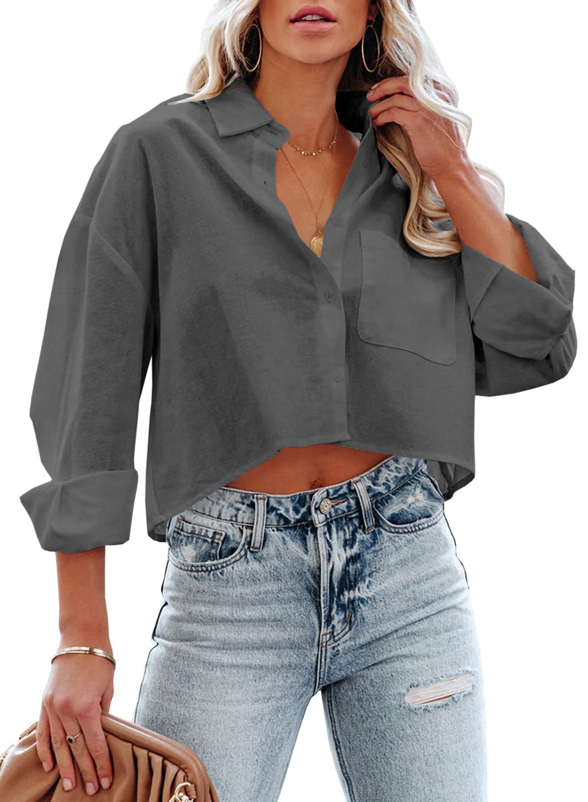 Tankaneo Womens Button Down Cropped Shirts Long Sleeve Casual Crop Tops Solid Lapel Blouse Shirt with Chest Pocket