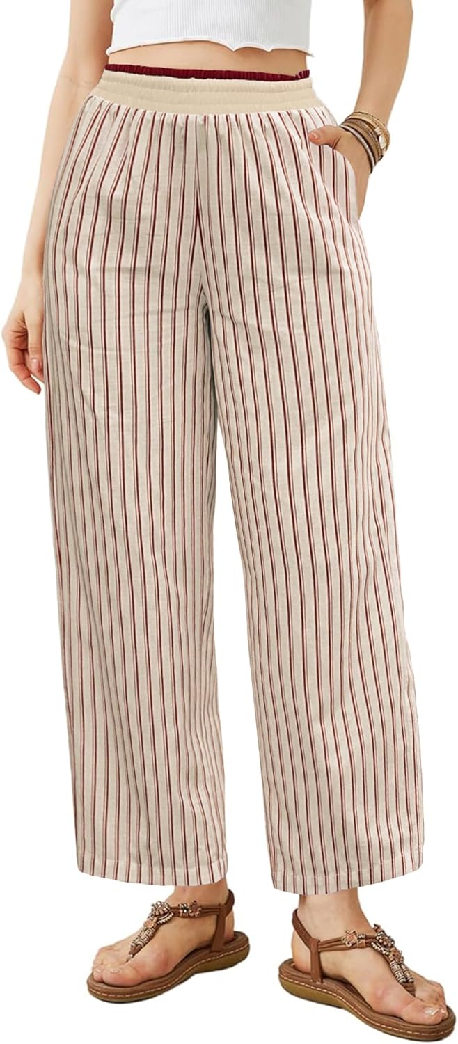Bsubseach 2026 Women's Striped Wide Leg Cropped Pants Smocked Waist Summer Casual Trousers with Pockets(Khaki-red Striped, X-Large)