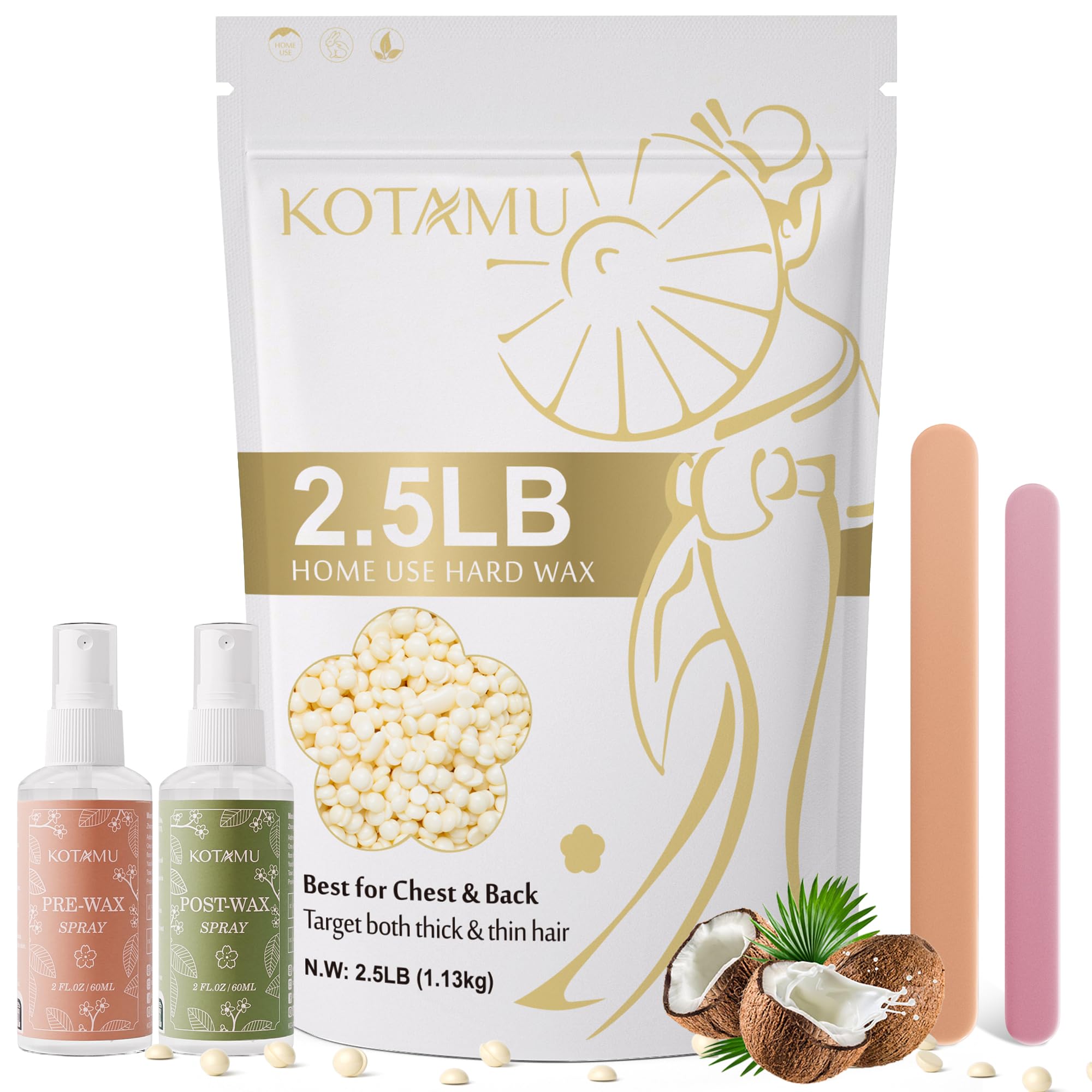 KOTAMU Hard Wax Beads for Women & Men Hair Removal, Cream Wax Beans for Full Body Sensitive Skin Chest Back Leg Facial Bikini Brazilian Waxing, 2.5lb