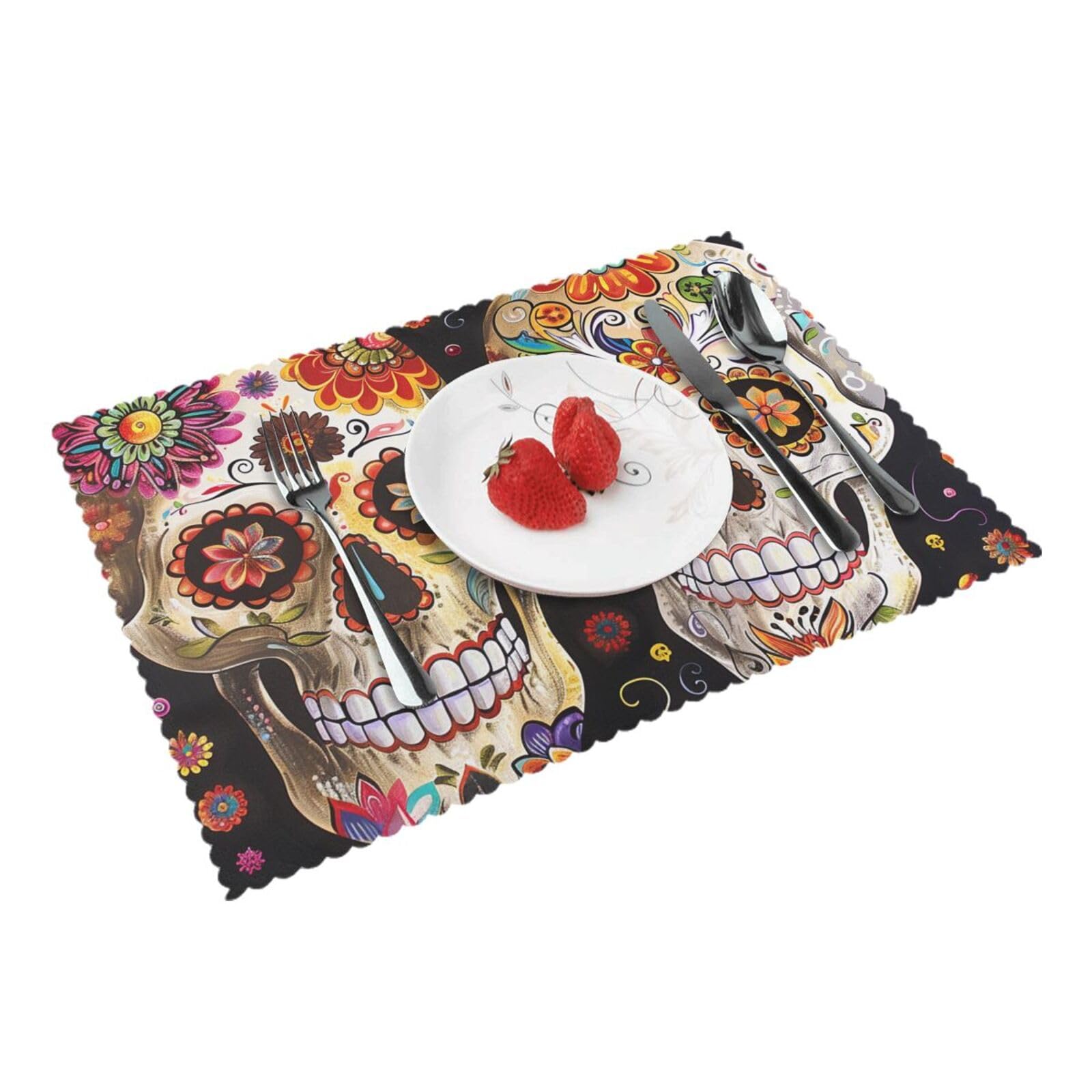 Sugar Skulls Printed Placemat Heat Resistant Place Mats Set of 4 PCS Washable Kitchen Table Mats, 12x18 Inch