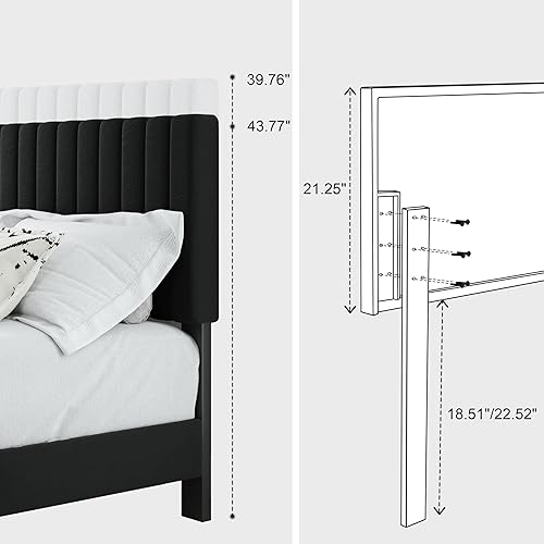 Miniatura 6 de Base de cama de tamaño matrimonial, cama de plataforma tapizada de terciopelo con cabecera ajustable copetuda, marco resistente y listones, Negro