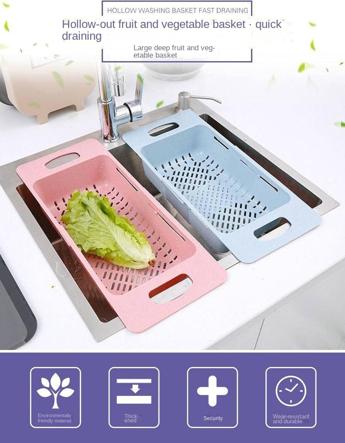Sink Strainer Basket-Wash Vegetables And Fruits, Drain Cooked Pasta And Dry Dish-Retractable-New Home Kitchen Essentials image 2