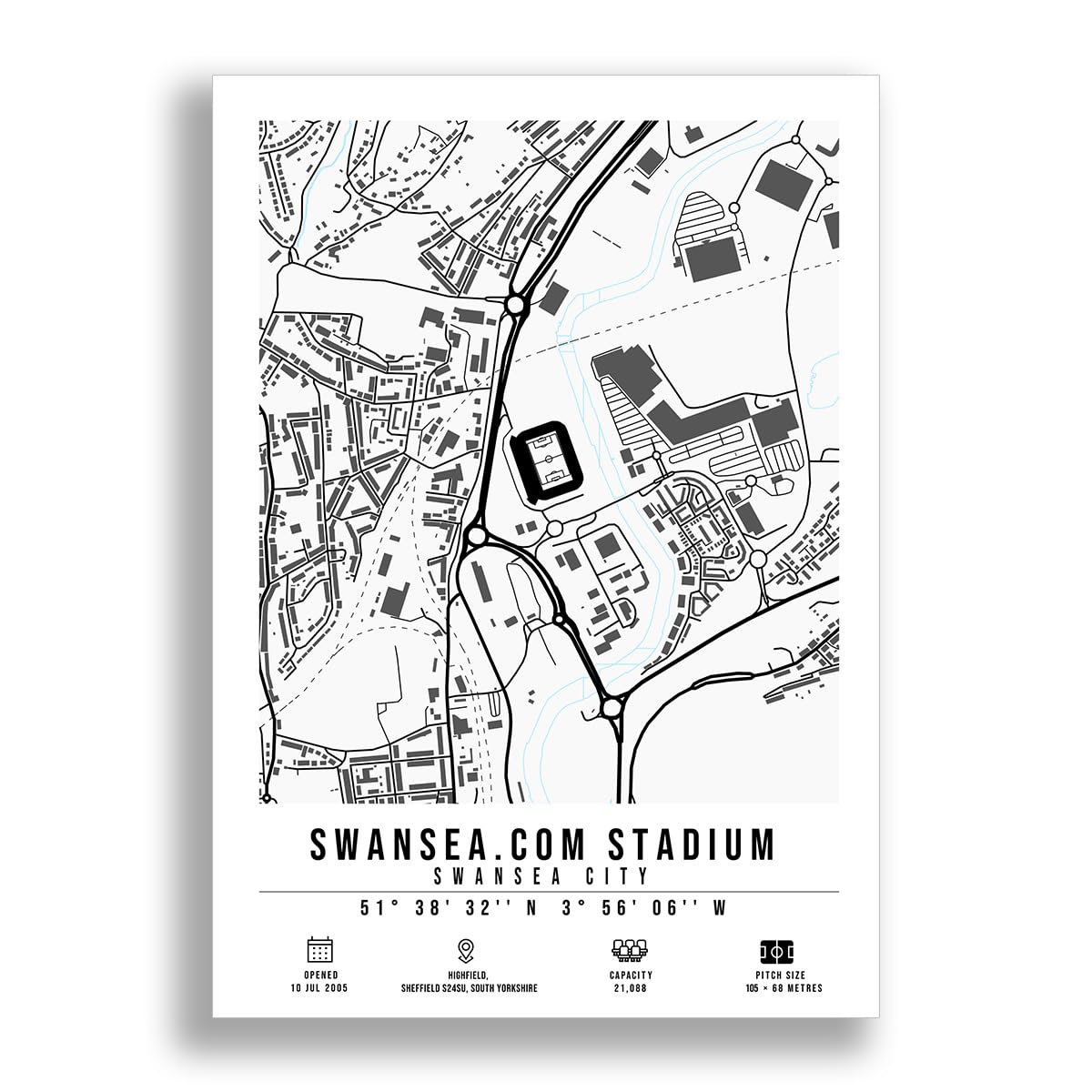 Swansea.com Stadium Map Minimalist A4/A3 Poster Photo Print Framed Gift Swansea City (A4 Poster Only)