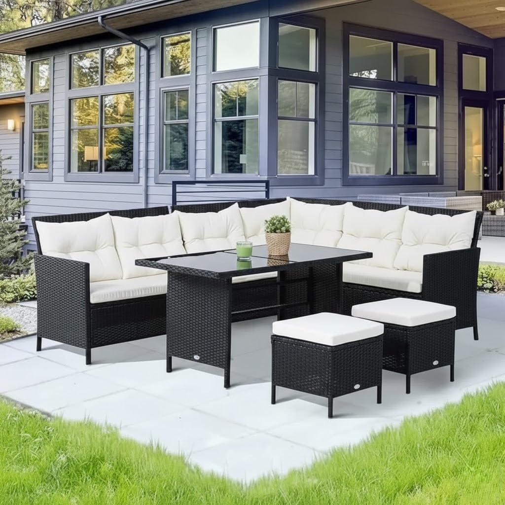 LOCCUS 7-Seater Outdoor Wicker Sofa Set with Dining Table – Black & White Patio Furniture for Garden, Lawn, Balcony & Terrace-image-18