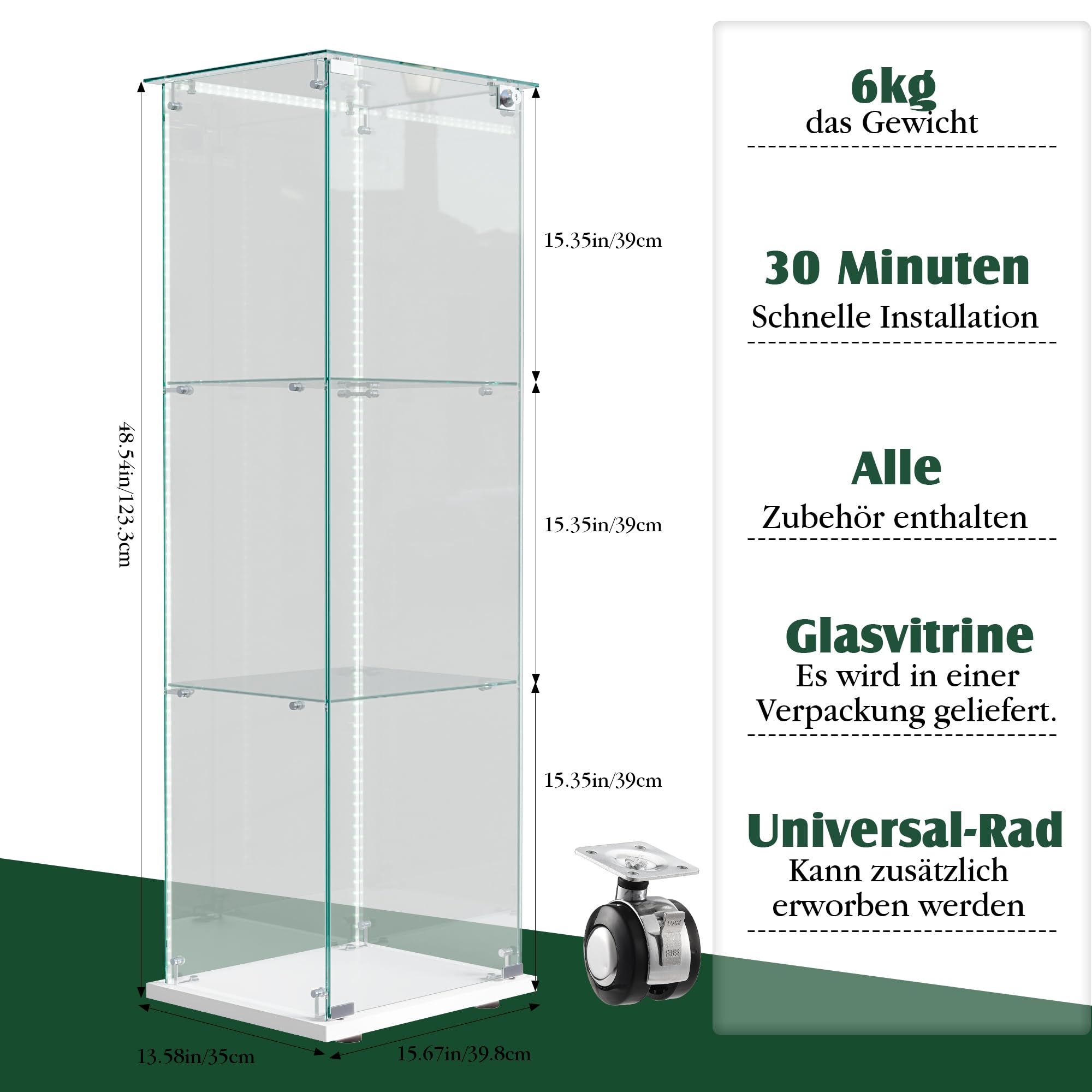 Glasvitrine Standvitrine,Glasvitrine Stehend mit Led,3 Lagen Glas Holz Glas Vitrine Vitrinenschrank 1 TüR und Schloss Vitrine Glasschrank Display Cabinet Sammlervitrine (Weiß, 3 Etagen 1 Tür+LED-2)