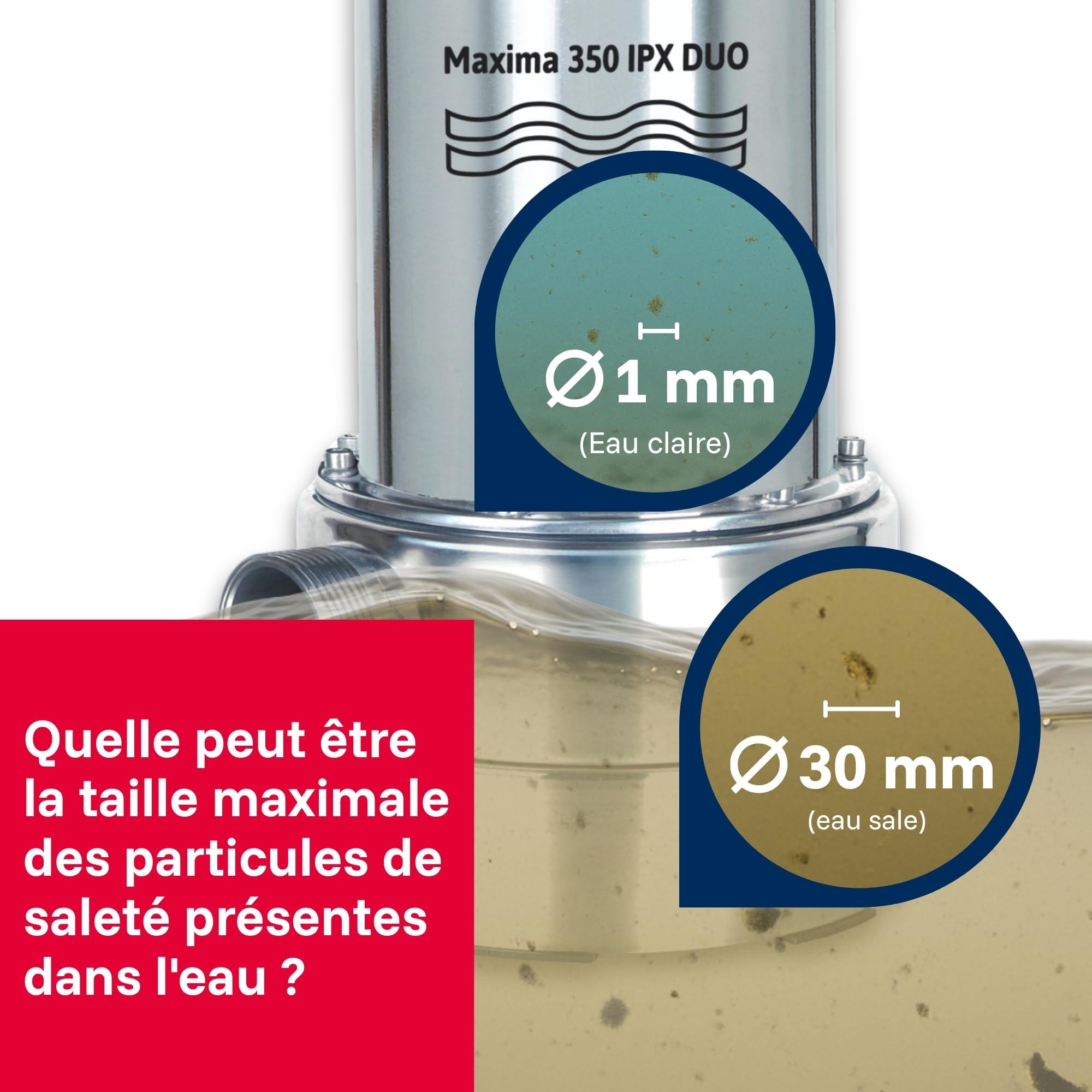 T.I.P. Maxima 350 IPX Pompe Submersible pour Eaux Usées en Acier Inoxidable avec Pied Extensible et Poignée Débit 20000 l/h Hauteur de Refoulement 8 m Puissance nominale 800 Watts Couleur Argent