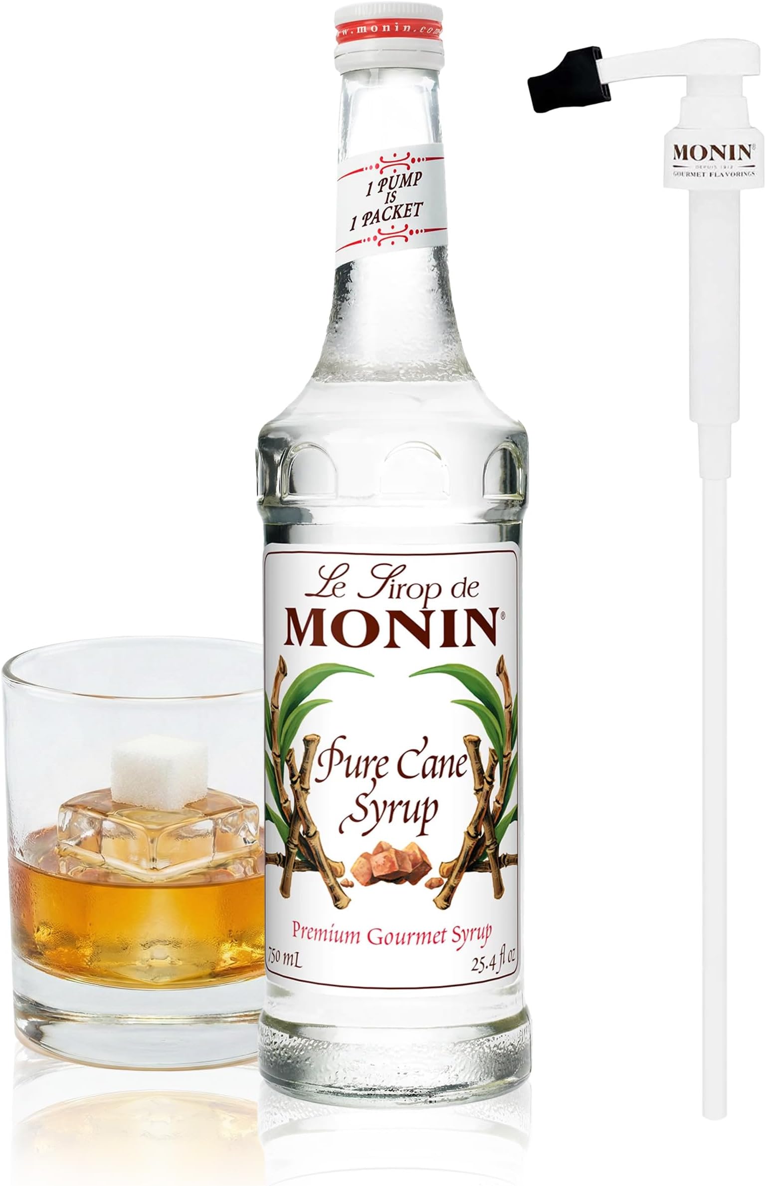 Monin - Pure Cane Syrup with Monin BPA Free Pump, Boxed, Pure and Sweet, Great for Coffee, Tea, and Specialty Cocktails, Gluten-Free, Non-GMO (750 ml)