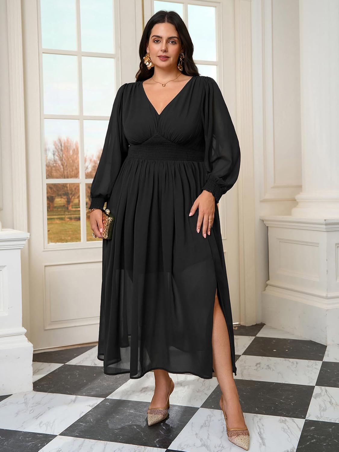 SCOMCHIC Womens Plus Size Formal Dresses Chiffon Wedding Guest Long Sleeve V Neck Smocked Flowy Slit Maxi Dress - Image 2