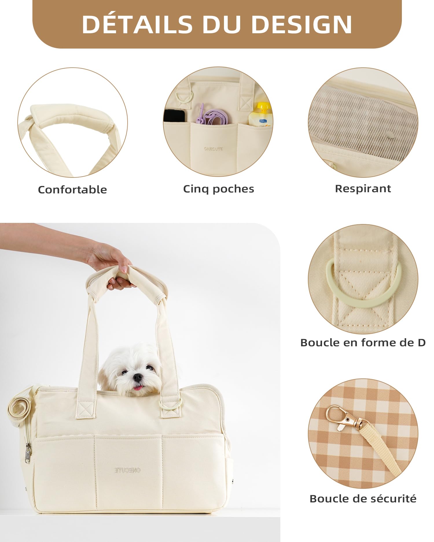 ONECUTE Borsa da trasporto per gatti e cani e cuccioli, traspirante e pieghevole, borsa da viaggio, borsa a tracolla per cani per piccoli animali, capacità di carico fino a 3 kg (piccolo, beige)