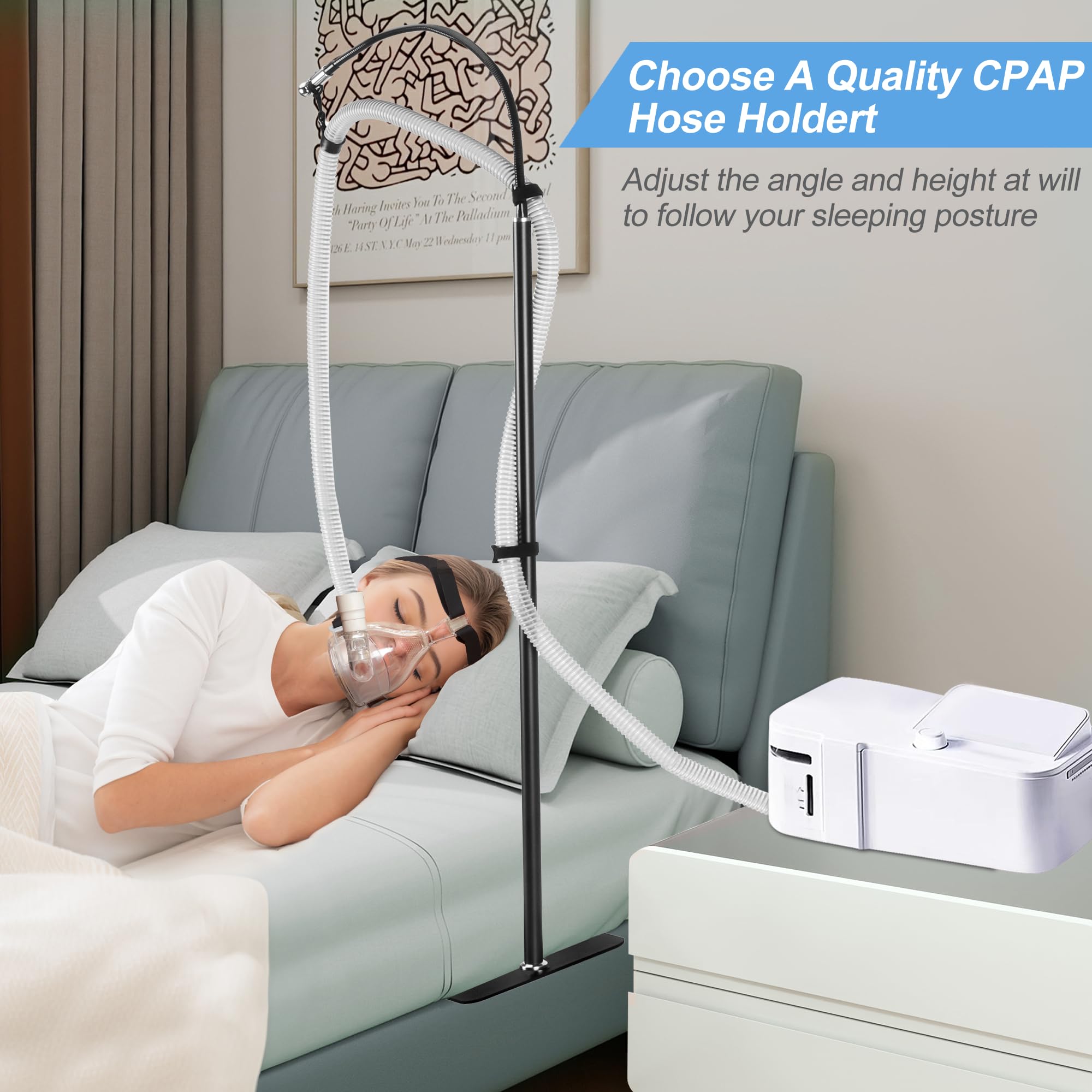CPAP Support-Tuyau Suspendu pour lit avec Hauteur et Angle Réglables, Peut Empêcher Les Fuites/Enchevêtrements de Tuyaux，360 ° Bras Pivotant，Matériau Métallique Plus Solide et Stable