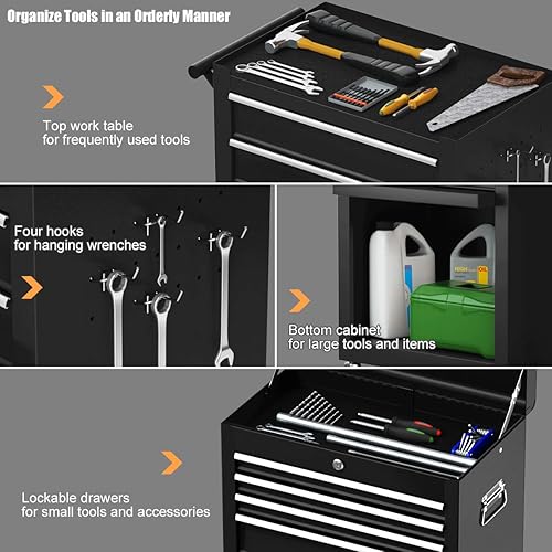 Miniatura 5 de IRONMAX - Armario de herramientas de 6 cajones con ruedas, organizador de herramientas 2 en 1 con cerradura con 4 ruedas y ganchos, caja de