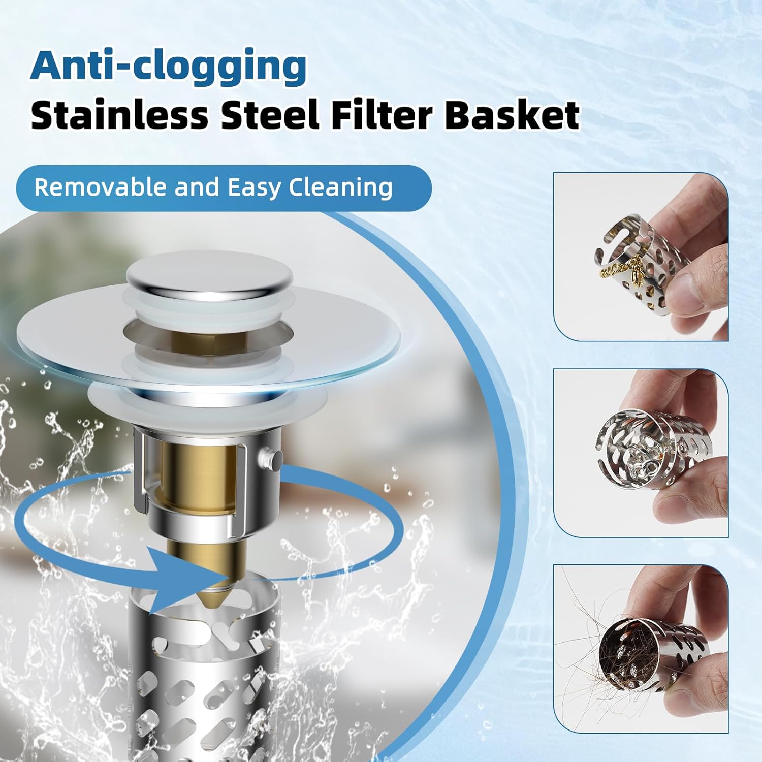 iFealClear 3 Pack All Metal Bathroom Sink Stopper, Pop Up Sink Drain Strainer with Removable Stainless Steel Filter Basket, Universal for 1.1"-2.36" Sink, Brass Bounce Core, Hair Catcher, Chrome