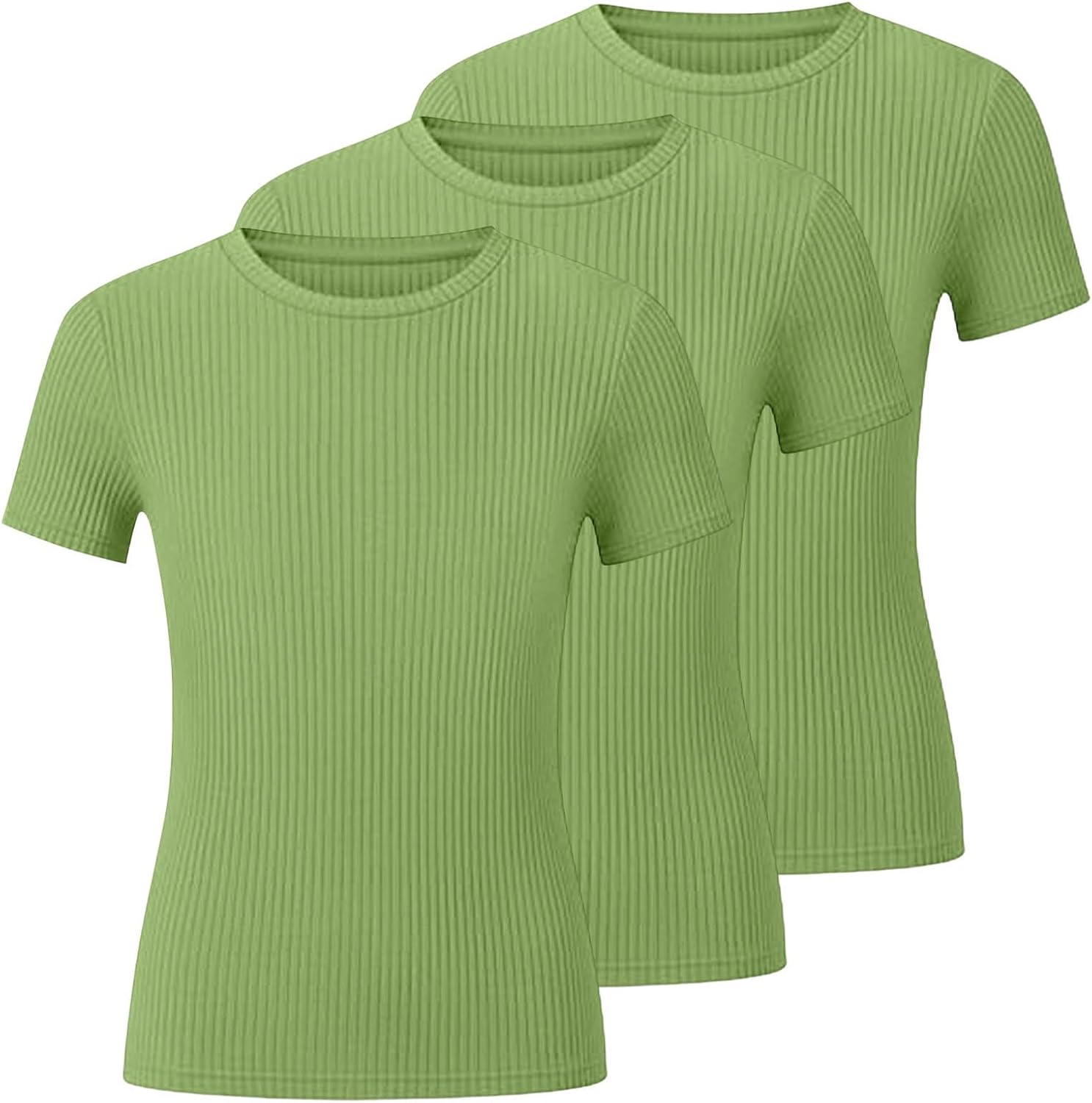 Girls 3 Pack Ribbed Knit Short Sleeve T-Shirts, Crew Neck Slim Fit Basic Tees, Soft Stretchy Casual Tops for Kids